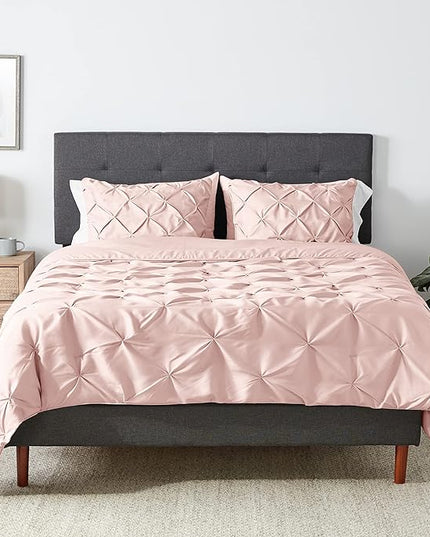 Amazon Basics All-Season Down-Alternative Comforter 3 Piece Bedding Set, Full/Queen, Blush, Pinched Pleat With Piped Edges - LeafyLoom