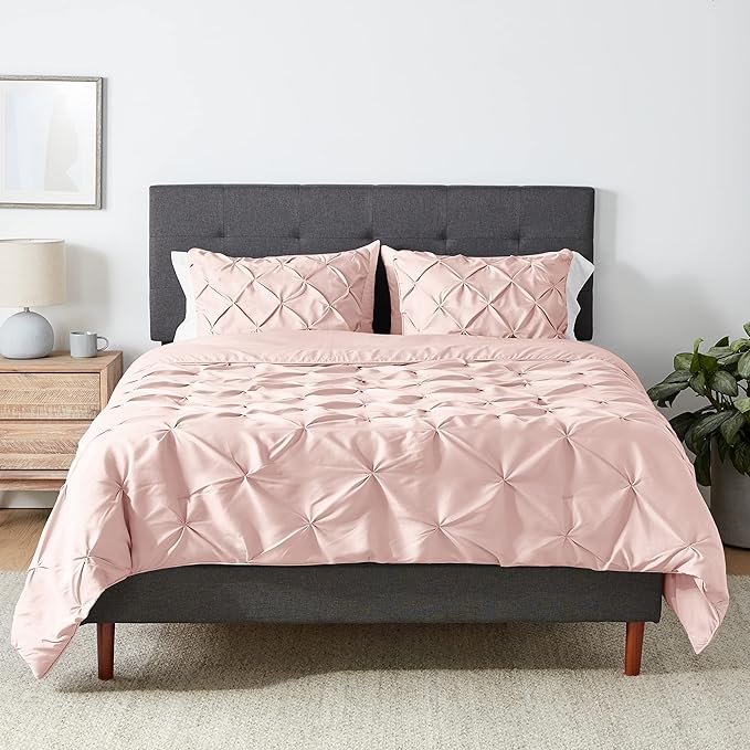 Amazon Basics All-Season Down-Alternative Comforter 3 Piece Bedding Set, Full/Queen, Blush, Pinched Pleat With Piped Edges - LeafyLoom