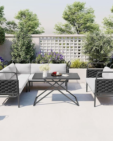 5-Piece Outdoor Patio Sectional L-shaped Sofa Set, Woven Rope Conversation Furniture with Loveseat, Corner Couch, Glass Coffee Table and Removable Cushions, Onesize, Black+Gray - LeafyLoom