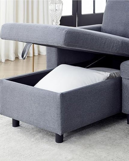 Reversible Sleeper Sectional Sofa with Storage Chaise and Pull Out Bed, L Shaped Linen Upholstery Convertible Corner Couch Sofabed with Cup Holders & Side Pockets for Living Room Office - LeafyLoom