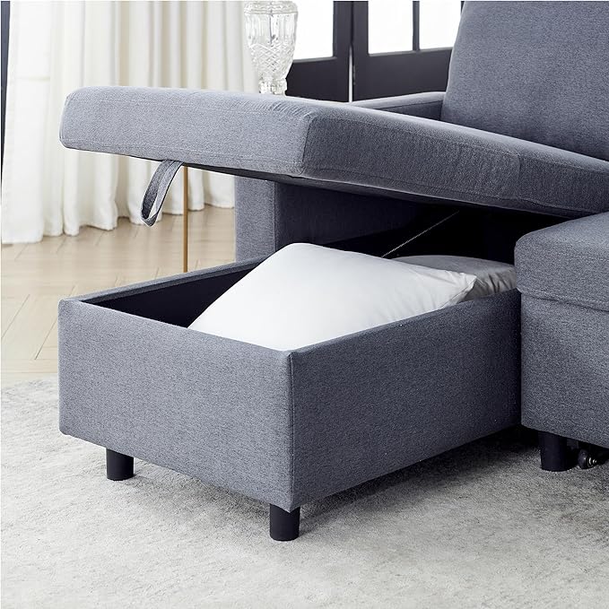 Reversible Sleeper Sectional Sofa with Storage Chaise and Pull Out Bed, L Shaped Linen Upholstery Convertible Corner Couch Sofabed with Cup Holders & Side Pockets for Living Room Office - LeafyLoom