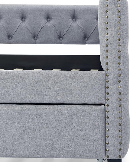 Linen Upholstered Full Size Daybed with Twin Trundle, Solid Wooden Bed Frame w/Button Tufted and Copper Nail on Square Arms, No Spring Box Need, for Kids, Bedroom, Dorm - LeafyLoom