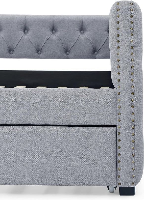 Linen Upholstered Full Size Daybed with Twin Trundle, Solid Wooden Bed Frame w/Button Tufted and Copper Nail on Square Arms, No Spring Box Need, for Kids, Bedroom, Dorm - LeafyLoom