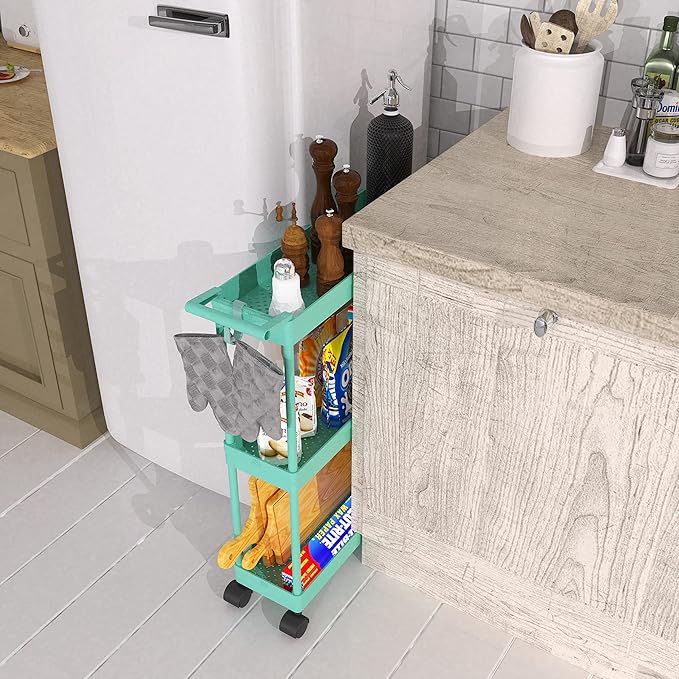 Simple Houseware Kitchen Cart Storage 3-Tier Slim/Super Narrow Shelves with Handle, 26.5'' Height/5.5'' Width for Narrow Place, Turquoise - LeafyLoom