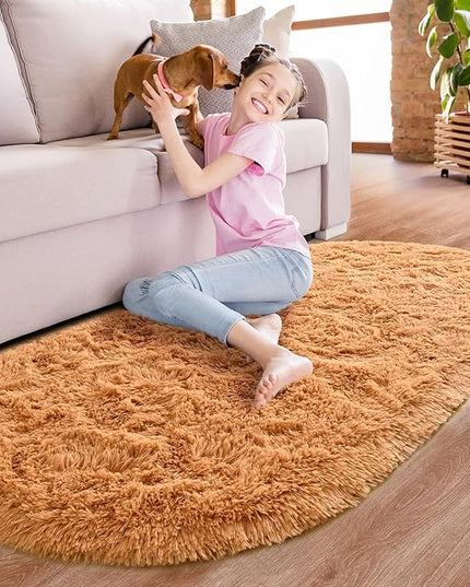 Noahas Ultra Soft Fluffy Bedroom Rugs,2.6' X 5.3' Oval Khaki Fluffy Rugs for Bedroom,Small Throw Rugs, Kids Room Carpet Modern Shaggy Area Rugs Home Decor - LeafyLoom