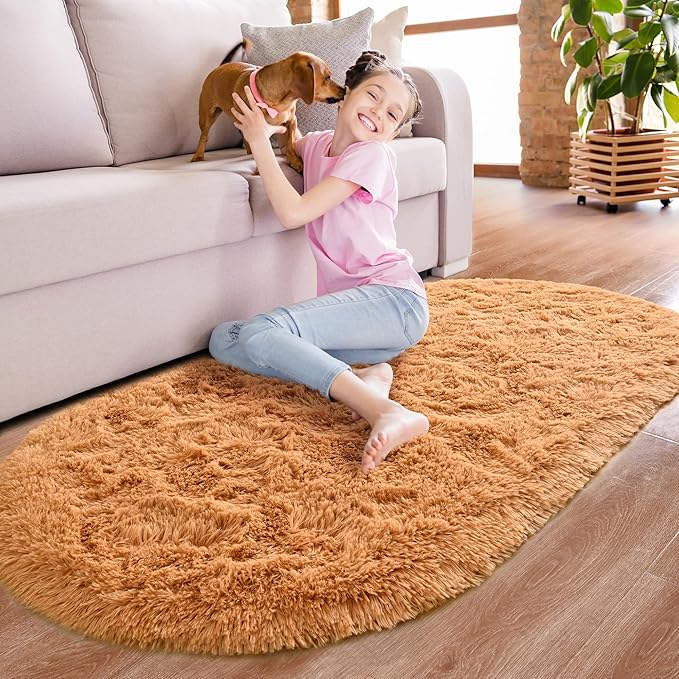 Noahas Ultra Soft Fluffy Bedroom Rugs,2.6' X 5.3' Oval Khaki Fluffy Rugs for Bedroom,Small Throw Rugs, Kids Room Carpet Modern Shaggy Area Rugs Home Decor - LeafyLoom
