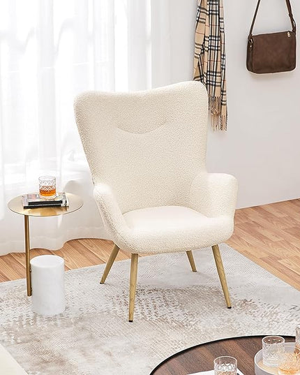 Yaheetech Boucle Vanity Chair, Modern Fluffy Accent Chair, Armchair with High Back and Wood-Tone Metal Legs, Downy Barrel Chair Soft Backrest for Living Room Bedroom Home Office, Ivory - LeafyLoom