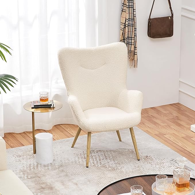 Yaheetech Boucle Vanity Chair, Modern Fluffy Accent Chair, Armchair with High Back and Wood-Tone Metal Legs, Downy Barrel Chair Soft Backrest for Living Room Bedroom Home Office, Ivory - LeafyLoom