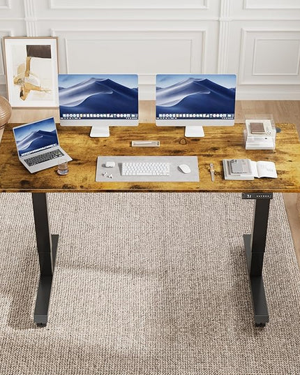Electric Standing Desk 60 Inch, Ergonomic Height Adjustable Table with T-Shaped Metal Bracket Modern Computer Workstations for Home Office, Rustic Brown, 60 x 24 Inch - LeafyLoom
