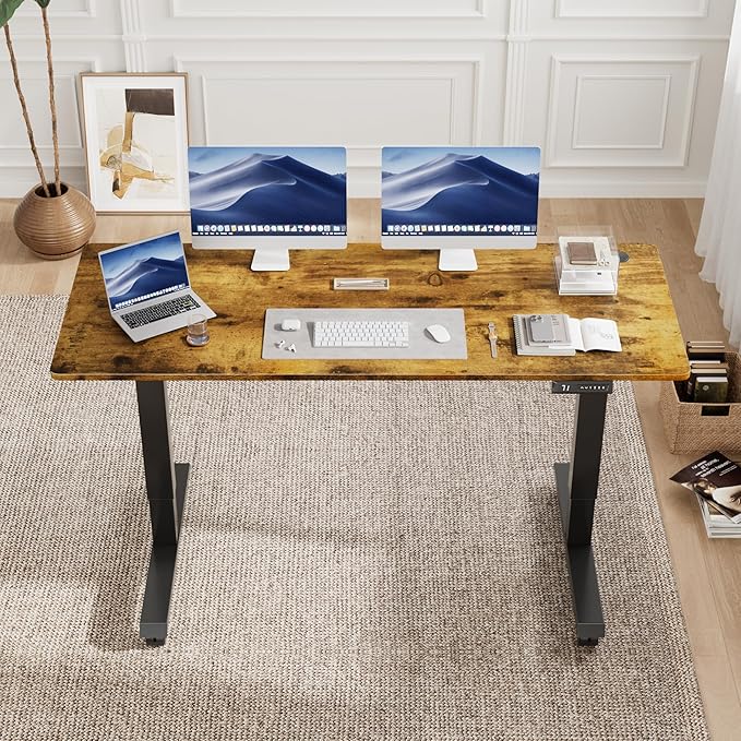 Electric Standing Desk 60 Inch, Ergonomic Height Adjustable Table with T-Shaped Metal Bracket Modern Computer Workstations for Home Office, Rustic Brown, 60 x 24 Inch - LeafyLoom