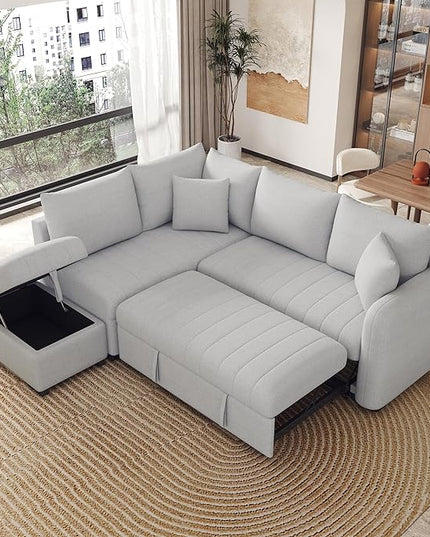 82" L-shaped Sectional Sleeper Sofa with Chaise,Pull Out Bed for Living Room Furniture Sets, 2 USB Ports, Power Sockets and Movable Storage Ottoman, Gray Upholstery - LeafyLoom