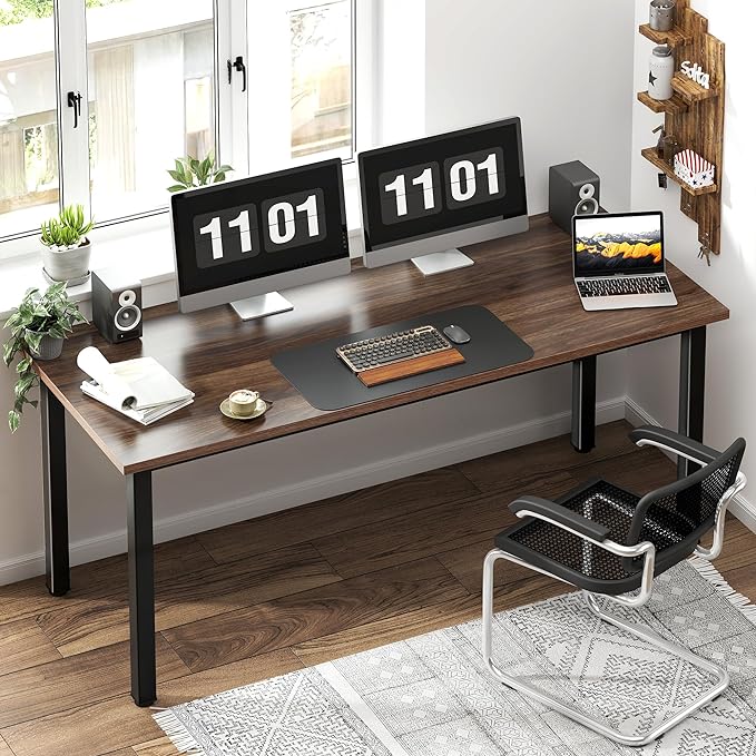 Need 63 Inch Large Computer Desk - Modern Simple Style Home Office Gaming Desk, Basic Writing Table for Study Student, Black Metal Frame, Walnut - LeafyLoom