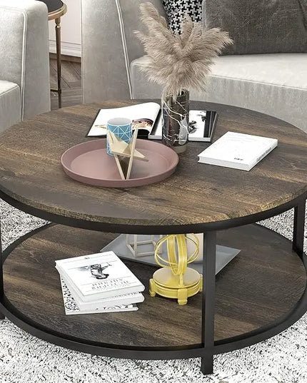 NSdirect 36 inches Round Coffee Table, Rustic Wooden Surface Top & Sturdy Metal Legs Industrial Sofa Table for Living Room Modern Design Home Furniture with Storage Open Shelf(Rustic Brown) - LeafyLoom