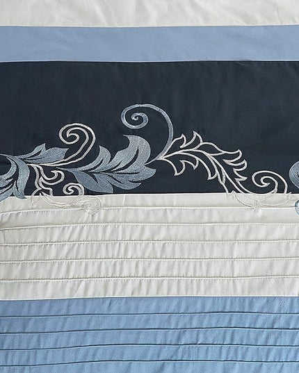 Chezmoi Collection Napa 7-Piece Luxury Autumn Leaves Scroll Embroidery Bedding Comforter Set (King, Navy/Blue/Gray) - LeafyLoom