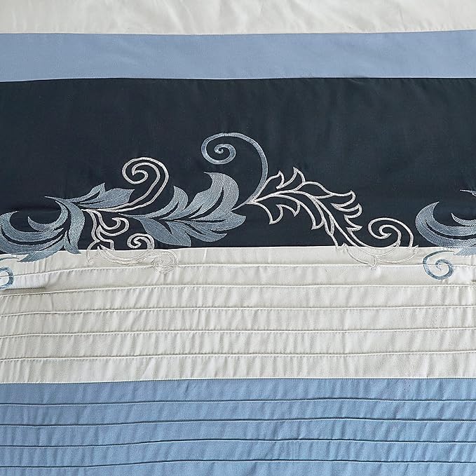 Chezmoi Collection Napa 7-Piece Luxury Autumn Leaves Scroll Embroidery Bedding Comforter Set (King, Navy/Blue/Gray) - LeafyLoom