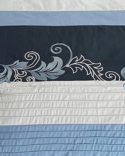 Chezmoi Collection Napa 7-Piece Luxury Autumn Leaves Scroll Embroidery Bedding Comforter Set (Full, Navy/Blue/Gray) - LeafyLoom