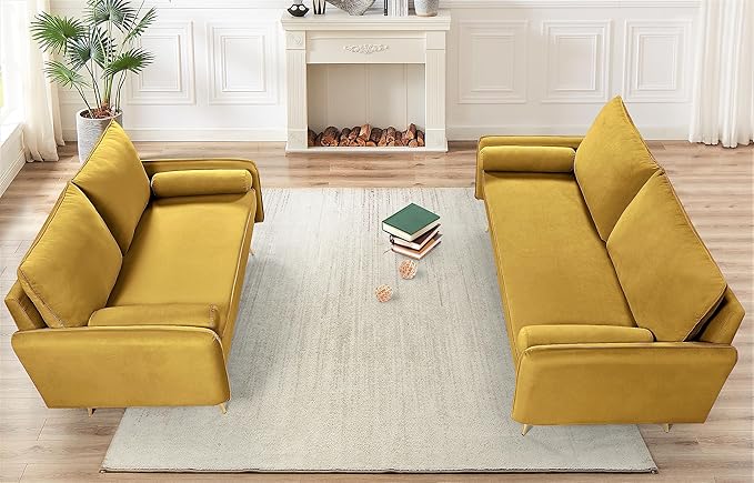Kent Modern Sofa, European Style Velvet Living Room Furniture with Tapered Legs, Vintage Flair, and Sleek Design, Greenish Yellow - LeafyLoom