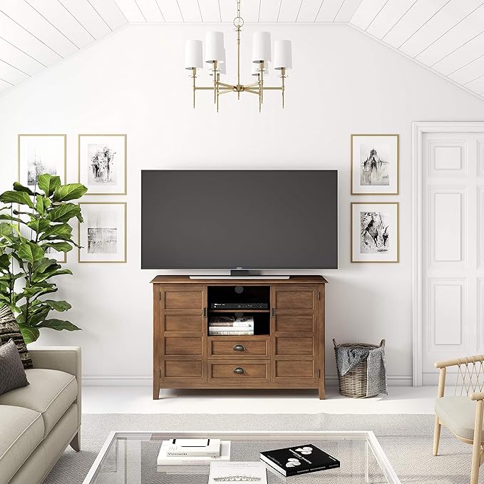 SIMPLIHOME Burlington SOLID WOOD 54 Inch Wide Transitional TV Media Stand in Rustic Natural Aged Brown for TVs up to 60 Inch, For the Living Room and Entertainment Center - LeafyLoom