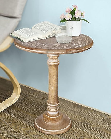 Round End Table,Small Table,Side Table, Side Tables Living Room,End Table,Round Side Table,Altar Table, Carved Side Table,Wood Accent Table,Carved Wood Table Single Pillar 18x22 inch White Wash - LeafyLoom