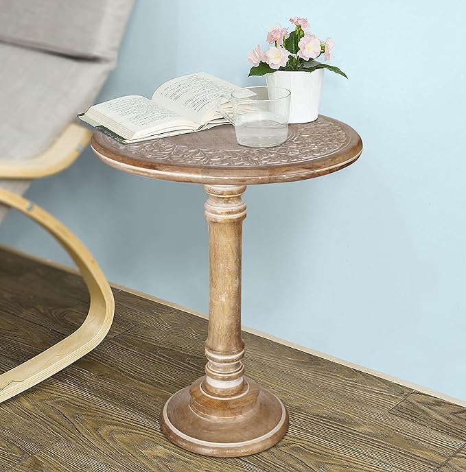 Round End Table,Small Table,Side Table, Side Tables Living Room,End Table,Round Side Table,Altar Table, Carved Side Table,Wood Accent Table,Carved Wood Table Single Pillar 18x22 inch White Wash - LeafyLoom