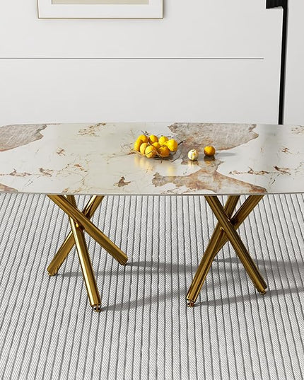 NicBex Modern Minimalist Rectangular Dining Table with A 0.39-Inch Imitation Marble Tabletop and Gold-Plated Metal Legs for Kitchen Dining Living Meeting Room Banquet Hall, White Marble + Gold - LeafyLoom