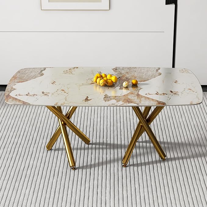 NicBex Modern Minimalist Rectangular Dining Table with A 0.39-Inch Imitation Marble Tabletop and Gold-Plated Metal Legs for Kitchen Dining Living Meeting Room Banquet Hall, White Marble + Gold - LeafyLoom