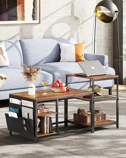 WLIVE Coffee Table for Living Room, Adjustable Coffee Table Set of 2 with End Table, Small Industrial Coffee Table with Side Table, Metal Frame and Wood Desktop, Rustic Brown - LeafyLoom