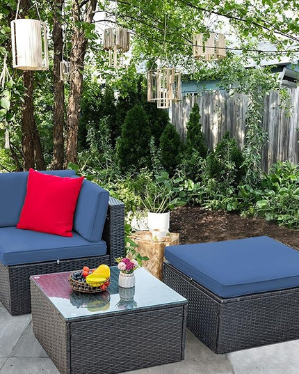 Greesum 3 Piece Patio Conversation Set Wicker Rattan Furniture Outdoor Sofa with Cushions,Pillows & Glass Table for Porch,Lawn and Yard, Dark Blue - LeafyLoom