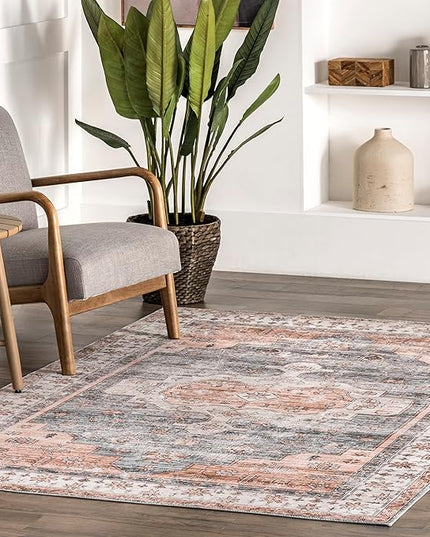 nuLOOM 4x6 Machine Washable Rain Haven Vintage Medallion Area Rug, Light Orange, Traditional Faded Design, Non-Slip Backing, Stain Resistant, For Bedroom, Dining Room, Living Room, Kitchen - LeafyLoom