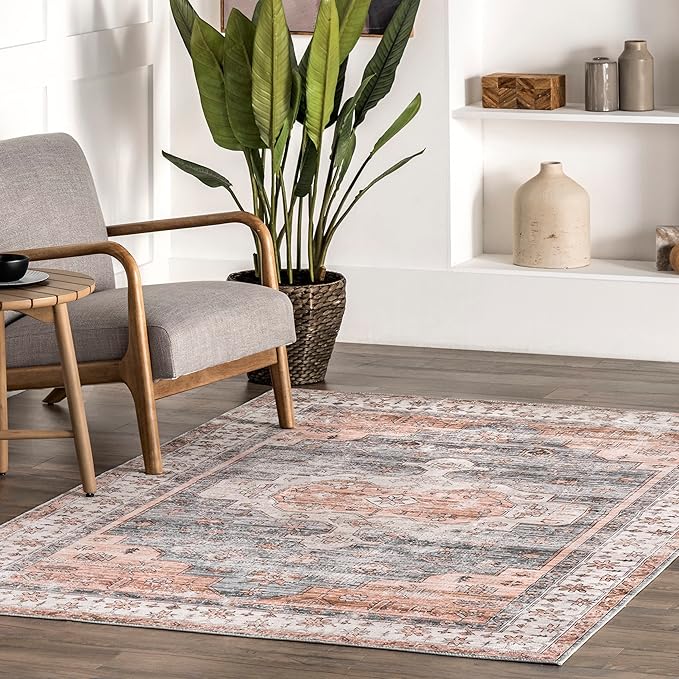 nuLOOM 5x8 Machine Washable Rain Haven Vintage Medallion Area Rug, Light Orange, Traditional Faded Design, Non-Slip Backing, Stain Resistant, For Bedroom, Dining Room, Living Room, Kitchen - LeafyLoom