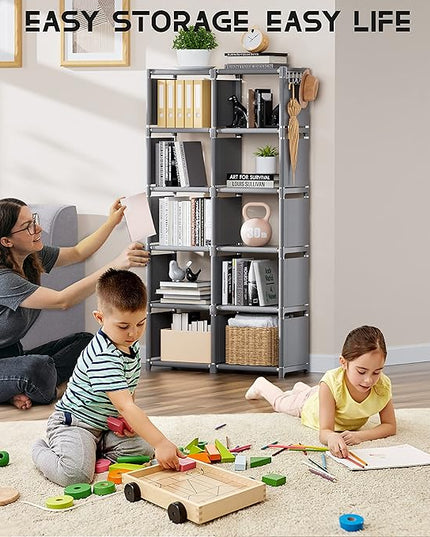 Mavivegue Book Shelf, 12 Cube Storage Organizer, DIY Bookcase, Metal Cube Bookshelf,Tall Book case for Bedroom, Living Room,Office,Closet Storage Organizer, Grey Cubicle Storage Rack - LeafyLoom
