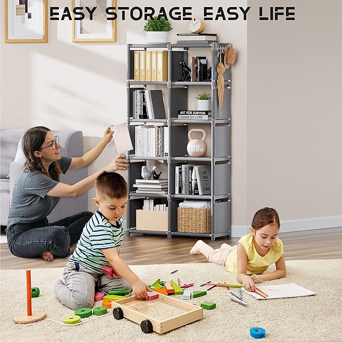 Mavivegue Book Shelf, 12 Cube Storage Organizer, DIY Bookcase, Metal Cube Bookshelf,Tall Book case for Bedroom, Living Room,Office,Closet Storage Organizer, Grey Cubicle Storage Rack - LeafyLoom