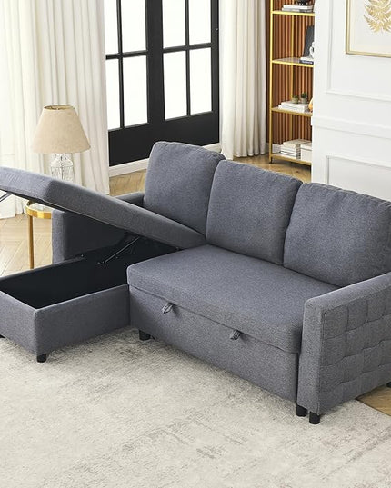 3 Seater Convertible Sectional Sofa with Reversible Chaise Lounge and Pull Out Sofabed, L Shaped Corner Couches with Storage , Comfy Linen Upholstered Sofa&Couches for Living Room Furniture Sets - LeafyLoom