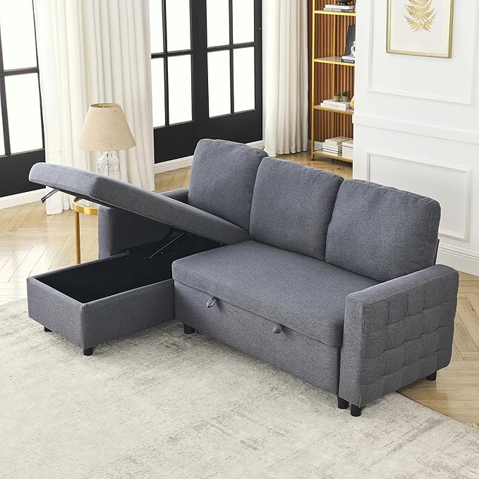3 Seater Convertible Sectional Sofa with Reversible Chaise Lounge and Pull Out Sofabed, L Shaped Corner Couches with Storage , Comfy Linen Upholstered Sofa&Couches for Living Room Furniture Sets - LeafyLoom