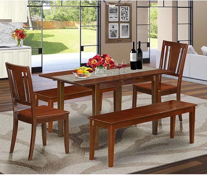 East West Furniture Norfolk 5 Piece Set includes a Rectangle Dining Room Table with Butterfly Leaf and 2 Kitchen Chairs with 2 Benches, 32x54 Inch, NODU5C-MAH-W - LeafyLoom