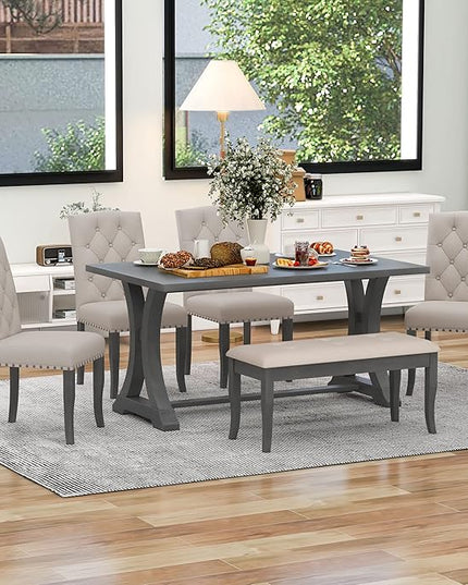 60 Inch Dining Table Set for 6, Farmhouse Rectangular Trestle Dining Table with 4 Upholstered Chairs & 1 Bench, Dining Room Table Set for Dining Room/Living Room, Antique Grey - LeafyLoom