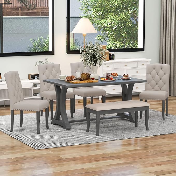 60 Inch Dining Table Set for 6, Farmhouse Rectangular Trestle Dining Table with 4 Upholstered Chairs & 1 Bench, Dining Room Table Set for Dining Room/Living Room, Antique Grey - LeafyLoom