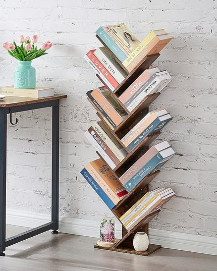 Hoctieon 10 Tier Tree Bookshelf, 10 Shelf Bookcase, Free Standing Tree Bookcase, Display Floor Standing Shelf for Books, Book Shelf Organizer, Rustic Brown - LeafyLoom