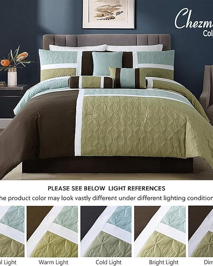 Chezmoi Collection 7-Piece Quilted Patchwork Comforter Set, Coffee Brown/Aqua Blue/Sage Green, Queen - LeafyLoom
