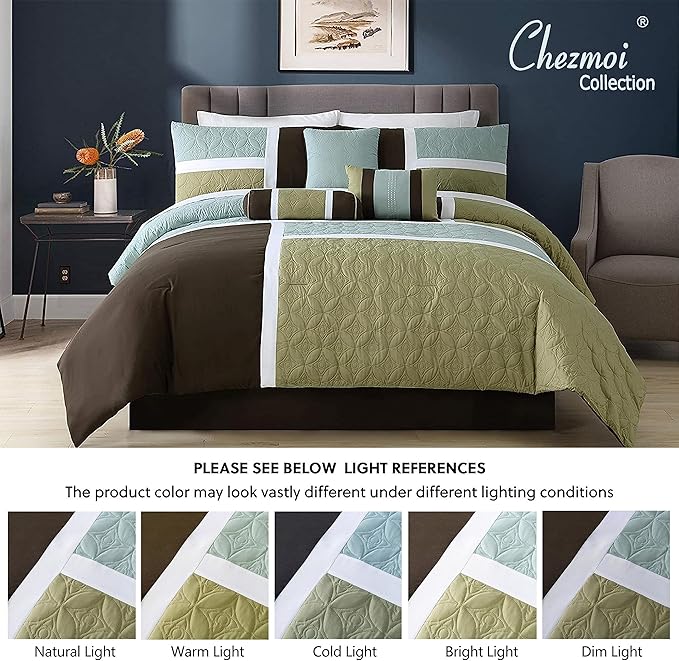 Chezmoi Collection 7-Piece Quilted Patchwork Comforter Set, Coffee Brown/Aqua Blue/Sage Green, Queen - LeafyLoom