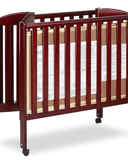 Dream On Me 3 in 1 Portable Folding Stationary Side Crib in Cherry, Greenguard Gold Certified, Safety Wheel with Locking Casters, Convertible, 3 Mattress Heights - LeafyLoom