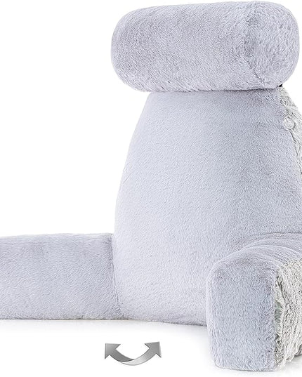Husband Pillow XXL Rare Baby Arctic Grey Wolf Backrest, Two-Tone Reversible Double Sided Fabulous Faux Fur Reading & Bed Rest Pillow with Arms & Neck Roll, Adjustable Memory Foam - Extremely Comfy - LeafyLoom