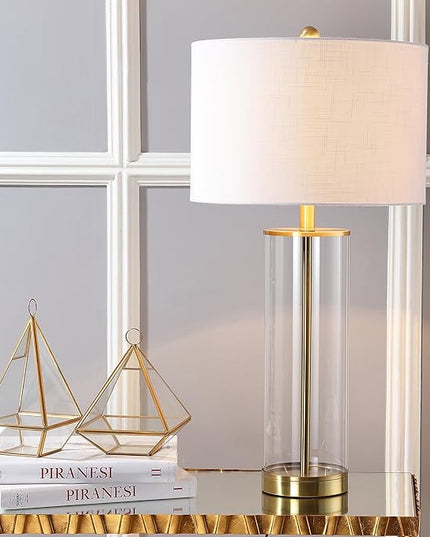 JONATHAN Y JYL2005A Collins 29" Glass LED Table Lamp Modern Contemporary Glam Bedside Desk Nightstand Lamp for Bedroom Living Room Office College Bookcase LED Bulb Included, Clear/Brass Gold - LeafyLoom