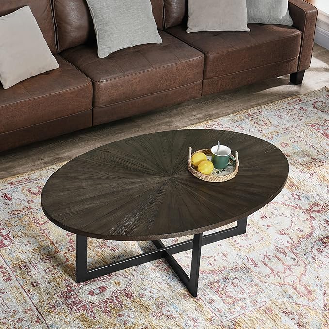 Solid Wood Oval Coffee Table with Cross Metal Legs, 47.9" Industrail Bar Cocktail Table for Living Room Kitchen Office Sofa Table Bristro Table for Cafe/Bar Black 1831BK - LeafyLoom