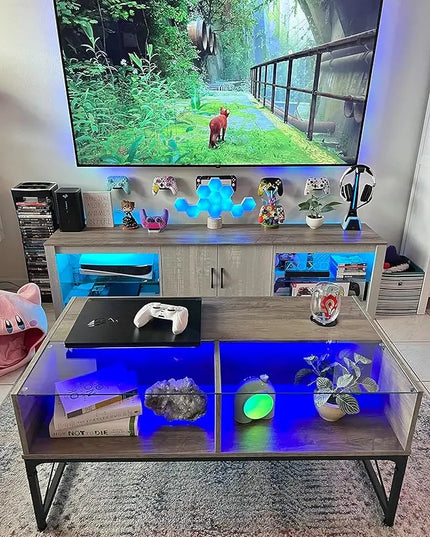Bestier LED Coffee Tables for Living Room,Wood Center Table with Glass Top Game Night. 42 Inch Room Grey Wash - LeafyLoom