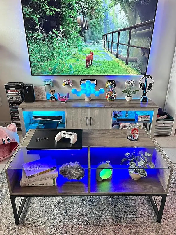 Bestier LED Coffee Tables for Living Room,Wood Center Table with Glass Top Game Night. 42 Inch Room Grey Wash - LeafyLoom
