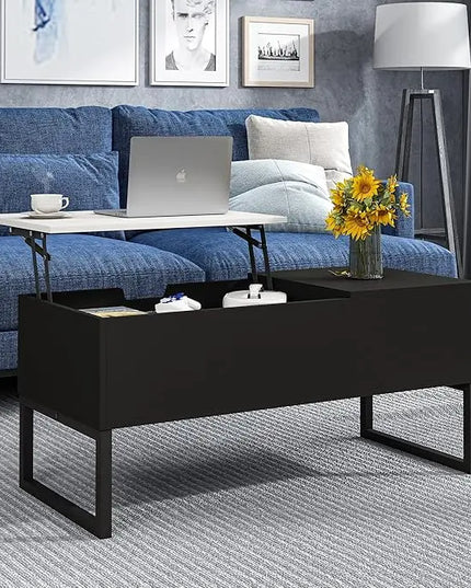 Black Coffee Table with White Lift Top - Modern Industrial Coffee Table with Lifting Top and Hide Compartment Storage - 40 Inch Rectangle Lift Coffee Tables for Living Room - LeafyLoom