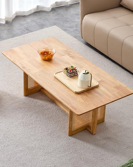 Rattan Coffee Table Rectangular Solid Wood Coffee Table with Cross Table Legs for Living Room Furniture - LeafyLoom