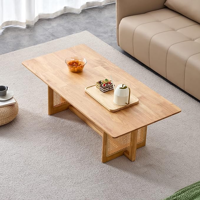 Rattan Coffee Table Rectangular Solid Wood Coffee Table with Cross Table Legs for Living Room Furniture - LeafyLoom