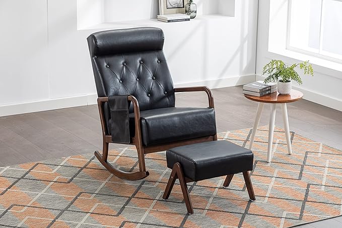 Armchair with Ottoman, Mid-Century Upholstered Accent Nursery, Glider Rocker Thick Cushion, Comfy Indoor Leisure Lounge Living Room, Bedroom, Office, Rocking Chair, Black - LeafyLoom